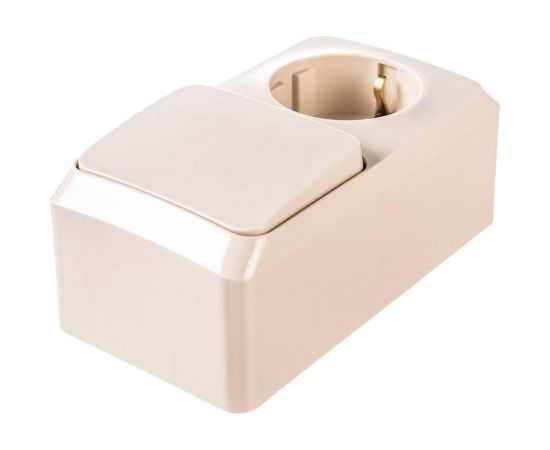 Блок 1-местная розетка + 1-клавишный выключатель Schneider Electric открытой проводки Этюд с заземлением защитные шторки кремовый BPA16-201K 