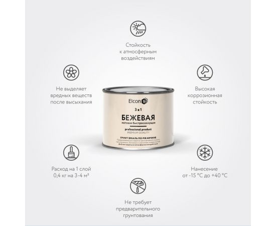 Быстросохнущая грунт-эмаль по металлу Elcon (3 в 1 по ржавчине; матовая; бежевая; 0,4 кг) 00-00462639 – изображение 10
