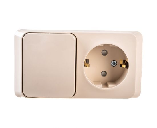 Блок 1-местная розетка + 1-клавишный выключатель Schneider Electric открытой проводки Этюд с заземлением защитные шторки кремовый BPA16-201K – изображение 3