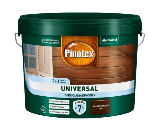 Пропитка 2 в 1 Pinotex UNIVERSAL индонезийский тик, 9 л 5620468 – изображение 2