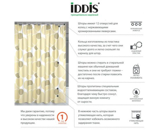 Штора для ванной комнаты IDDIS 200*240 см, полиэстер, ID, cream balls 230P24RI11 – изображение 3