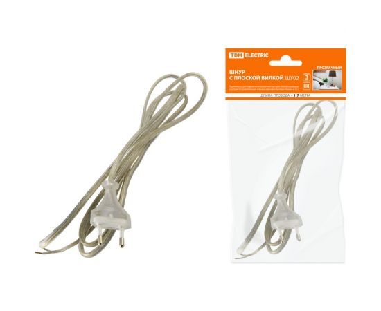 Шнур с плоской вилкой TDM ШУ02 ШВВП 2x0,75мм2 1,7 м. прозрачный SQ1305-0014 