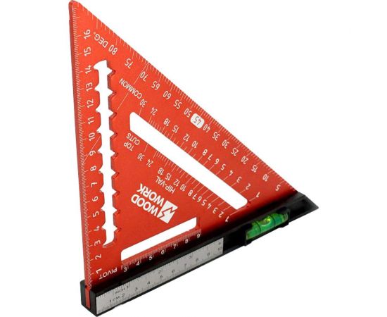 Плотницкий угольник WOODWORK 170 мм, алюминиевый, с пузырьковым уровнем и с дополнительной линейкой с двумя шкалами PTR-171 