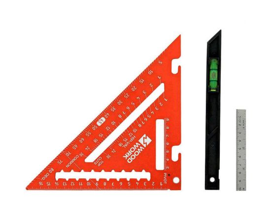 Плотницкий угольник WOODWORK 170 мм, алюминиевый, с пузырьковым уровнем и с дополнительной линейкой с двумя шкалами PTR-171 – изображение 3