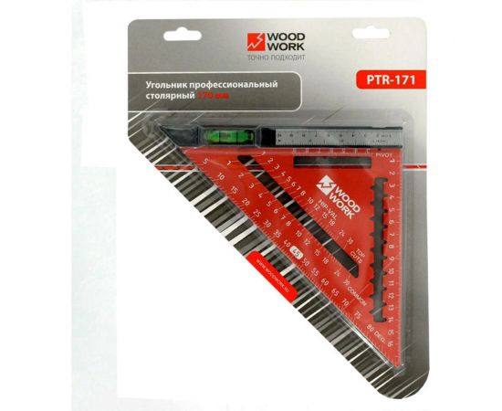 Плотницкий угольник WOODWORK 170 мм, алюминиевый, с пузырьковым уровнем и с дополнительной линейкой с двумя шкалами PTR-171 – изображение 2