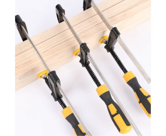 Столярная F-образная струбцина DELI dl110830 300x80 мм, максимальное усилие зажима 1500 Н, резьба 9,5 мм, штанга 3,5 мм 112038 – изображение 7