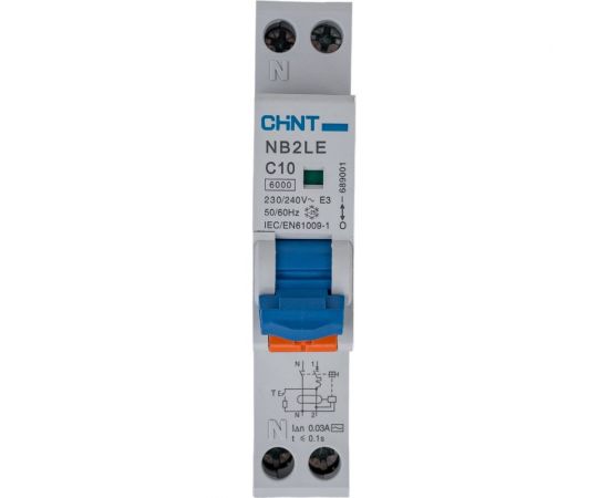 Дифференциальный автоматический выключатель CHINT, NB2LE, 1P+N, 10A, 30mA, 1 модуль, характеристика С, электронный тип, AС, 6kA 689001 