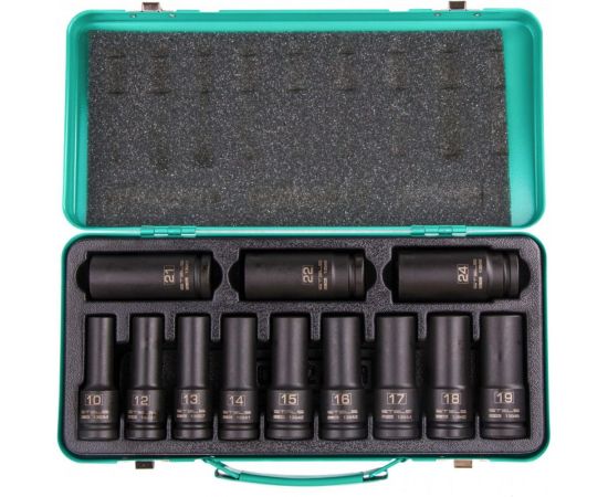 Набор ударных глубоких шестигранных торцевых головок 1/2"", 10-24 мм, в кейсе, 12 шт. STELS 13998 