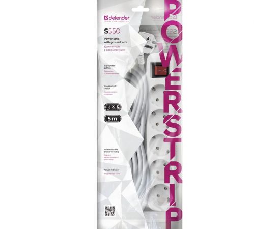 Удлинитель с заземлением Defender S550 Выключатель, 5.0 м, 5 розеток 99243 – изображение 2
