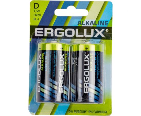 Батарейка Ergolux 1.5В, LR20, Alkaline, BL-2 11752 