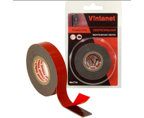 Монтажная сверхсильная клейкая двусторонняя лента Vintanet VN1146, цвет черный, 12 мм х 1,5 м VN11461215 