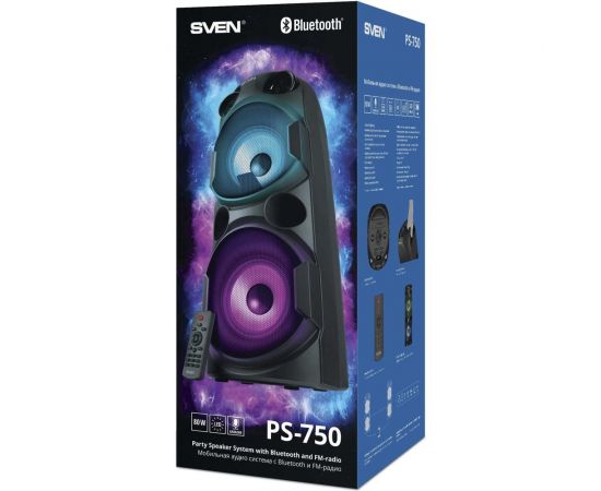 Портативная колонка SVEN АС PS-750 черная, 80 Вт, TWS, Bluetooth, FM, USB, microSD, LED-дисплей, 4400 мА*ч SV-019617 – изображение 2