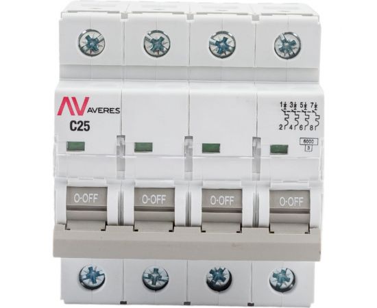 Автоматический выключатель EKF AVERES AV-6, 4P, 25A, C, 6kA, SQ mcb6-4-25C-av 