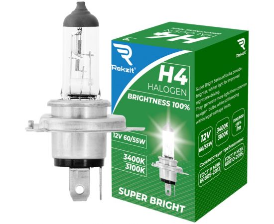 Галогенная лампа Rekzit Brightness 100% H4, 60/55 Вт, 12 В 90044 
