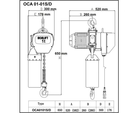 Цепная стационарная таль OCALIFT 01-01S г/п 1Т, высота 4,5м, 380в, на крюке OCA0101SN45m – изображение 2