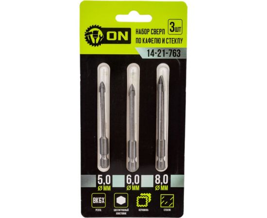 Набор сверл твердосплавных по кафелю и стеклу 3 шт, 5, 6, 8 мм, шестигранный хвостовик On 14-21-763 