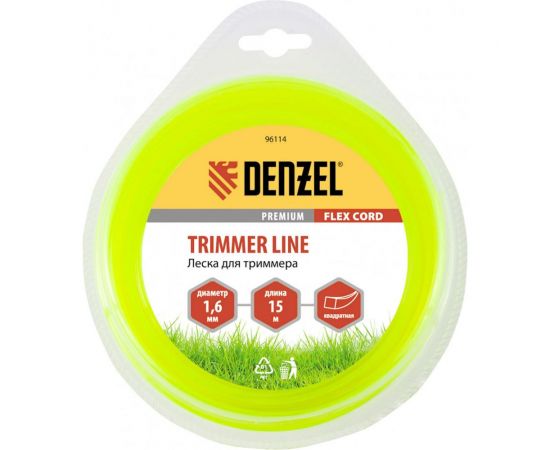 Леска для триммера квадрат 1,6 мм х 15 м блистер FLEX CORD DENZEL 96114 