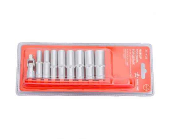 Набор головок торцевых шестигранных глубоких с карданным шарниром (9 предметов; 1/4"" DR; 6-13 мм) Airline AT-9-25 – изображение 3