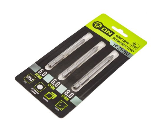 Набор сверл твердосплавных по кафелю и стеклу 3 шт, 5, 6, 8 мм, шестигранный хвостовик On 14-21-763 – изображение 3