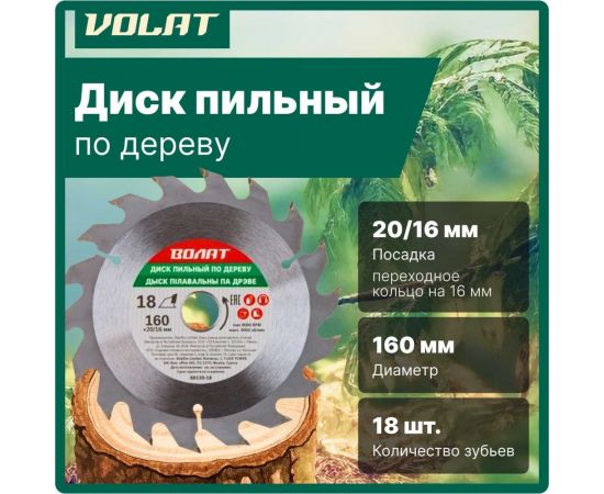 Диск пильный по дереву 160x20/16 мм, 18 зубьев ВОЛАТ 88120-18 – изображение 4