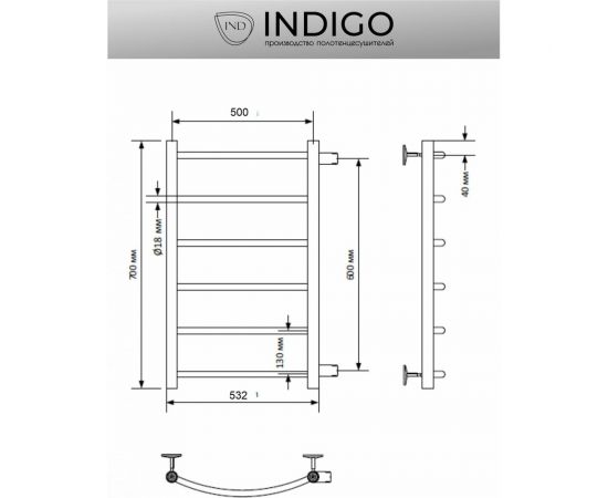 Полотенцесушитель INDIGO Arc 1"" - 1/2 70/50, м/о 60 см, боковое подключение LASW70-50-б/п-60 – изображение 5