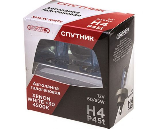 Автолампа SKYWAY H4, 12V, 60/55W, P45t, 2-контакта xenon white+30, 4500К, спутник 2 шт, ближний, дальний S09101042 – изображение 2