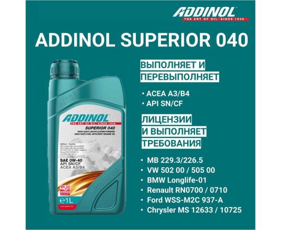 Моторное масло Addinol Superior 040 синтетическое, 0W-40, 1 л 72097907 – изображение 2
