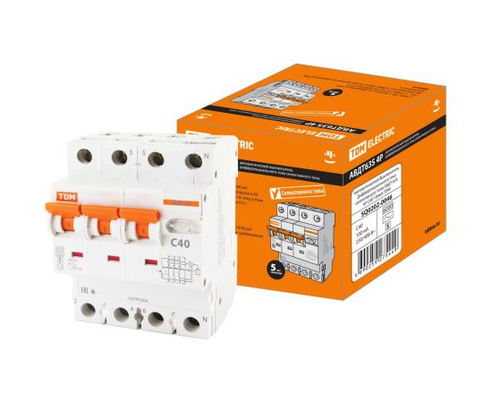 Автоматический выключатель дифференциального тока селективного типа TDM АВДТ 63S 4P C40 100мА SQ0202-0046 