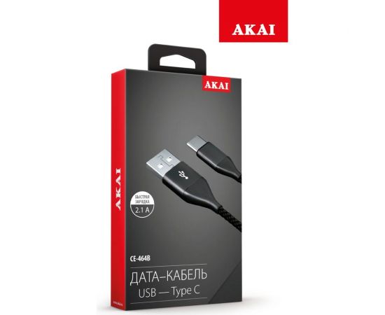 Дата-кабель AKAI Type C, 1м, 2,1А, нейлон, черный CE-464B – изображение 3