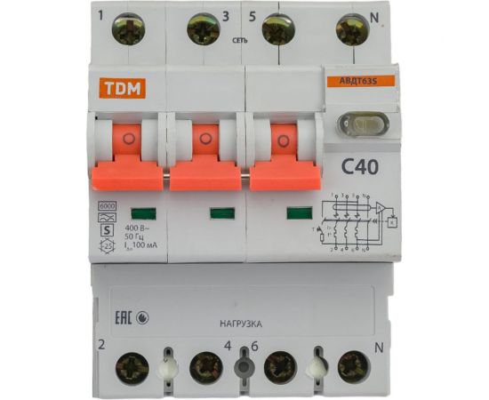 Автоматический выключатель дифференциального тока селективного типа TDM АВДТ 63S 4P C40 100мА SQ0202-0046 – изображение 3