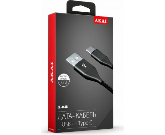 Дата-кабель AKAI Type C, 1м, 2,1А, нейлон, черный CE-464B – изображение 2