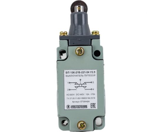 Путевой выключатель Электротехник ВП 15К-21Б-221-54 У2.8, толкатель с роликом, прямого действия, IP54, ET004424 