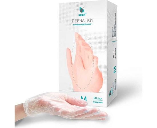 Медицинские диагностические одноразовые перчатки SAF&TY нестерильные, виниловые, гладкие, неопудренные с внутренним полиуретановым покрытием, прозрачные, р. l, 100 шт. 23 600 