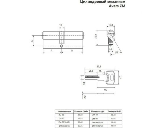 Цилиндровый механизм AVERS ZM-7030/40-CR 30304 – изображение 2