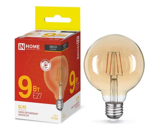 Светодиодная лампа IN HOME LED-GL-95-deco gold 9Вт 230В Е27 3000К 1040Лм золотистая 4690612036465 