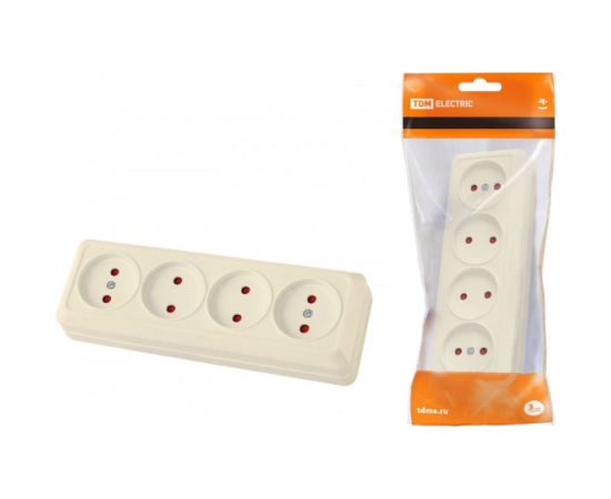 Горизонтальная 4-х местная розетка TDM 2П открытой установки IP20 10A с з/ш слоновая кость Ладога SQ1801-0229 