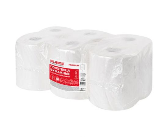 Бумажные полотенца ЛАЙМА M2 PREMIUM с центральной вытяжкой 150 м, 2 слоя, белые, комплект 6 рулонов 112507 