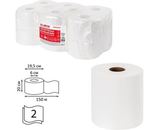 Бумажные полотенца ЛАЙМА M2 PREMIUM с центральной вытяжкой 150 м, 2 слоя, белые, комплект 6 рулонов 112507 – изображение 3