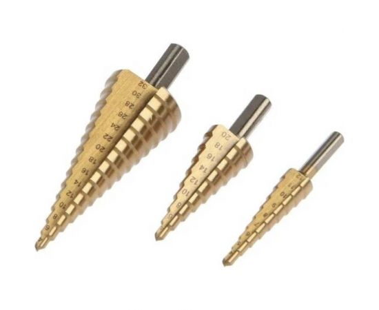 Набор сверл ступенчатых 3 шт, 4-12, 4-20, 4-32 мм, HSS-Co, 3-гранный хвостовик ТУНДРА 7546781 – изображение 2