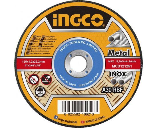 Круг отрезной Metal/Inox (125х1.2х22 мм; Тип 41; A 30; RBF) INGCO MCD121251 