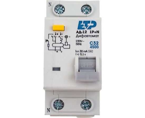 Дифференциальный автомат ETP 1P+N 32А тип АС 30 мА 4,5 кА 19015 