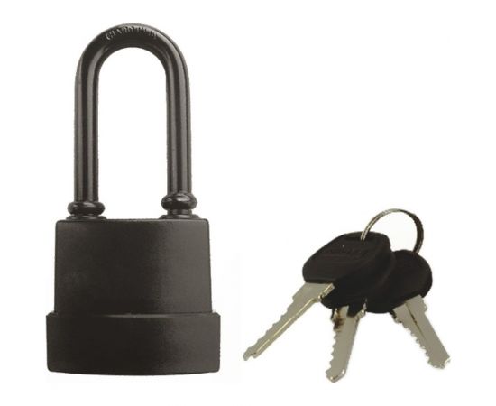 Навесной замок РемоКолор (влагостойкий; чугун в ПВХ; 3 ключа; цилиндровый механизм; 70x118x33 мм; удлиненная дужка) 70-0-998 