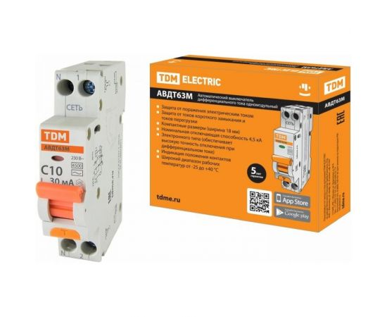 Автоматический выключатель дифференциального тока TDM АВДТ 63М, 2P 1P+N, C10, 30мА, 4,5кА, тип АС SQ0202-0059 