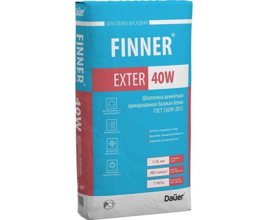 Цементная армированная базовая шпатлевка Dauer finner exter 40w белая, 25 кг 31591 – изображение 2