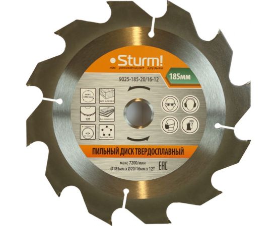 Диск пильный (185x20/16 мм; 12 зубьев; крупный зуб) Sturm 9025-185-20/16-12 