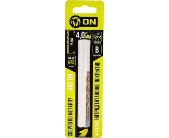 Сверло по металлу HSS TIN 4x75 мм, нитридтитановое покрытие On 14-21-040 