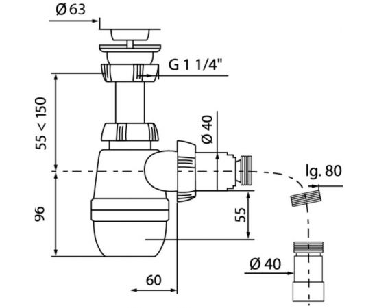 Сифон WIRQUIN МИНОР с выпуском 1 1/4х40 мм и гофротрубой L 800 мм., 40х40/50 мм 30718050 – изображение 3