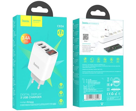 Зарядное устройство Hoco C93A, 3xUSB, 2.4А, белый, 6931474760593 – изображение 3