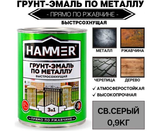 Грунт-эмаль по металлу HAMMER 3в1 б/с св.-серая 0,9 кг ЭК000116554 – изображение 2