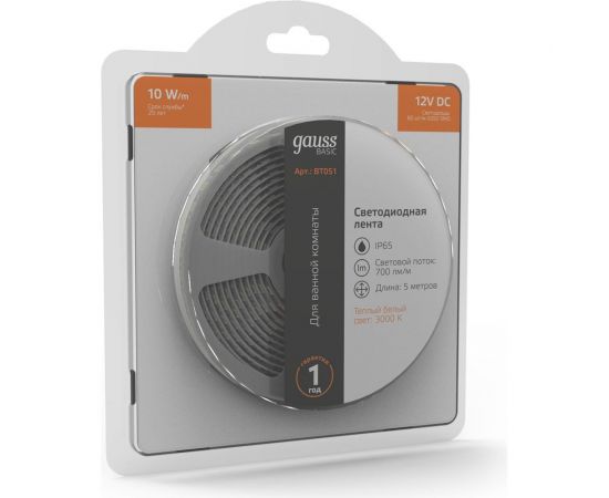 Лента Gauss Basic 12V 10W/m 700lm/m 3000K IP65 LED 5m BT051 – изображение 6
